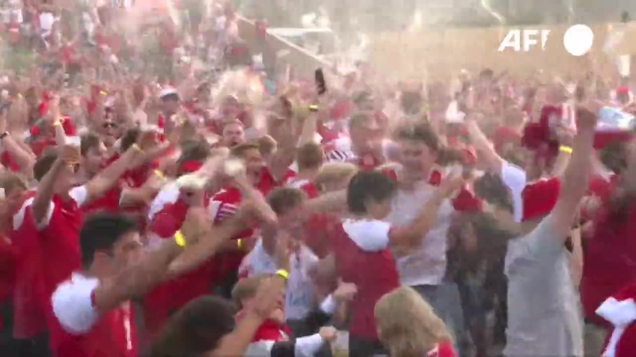 德莱尼头槌攻破捷克球门 丹麦球迷疯狂庆祝