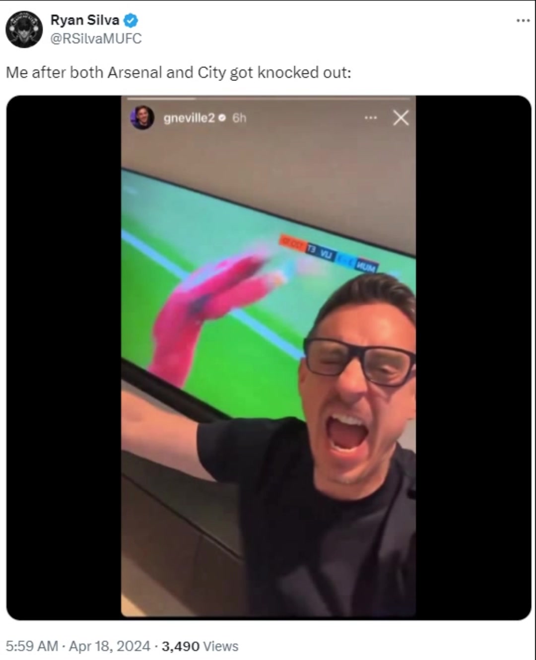 曼联球迷晒内维尔庆祝视频：当阿森纳和曼城都被淘汰后的我