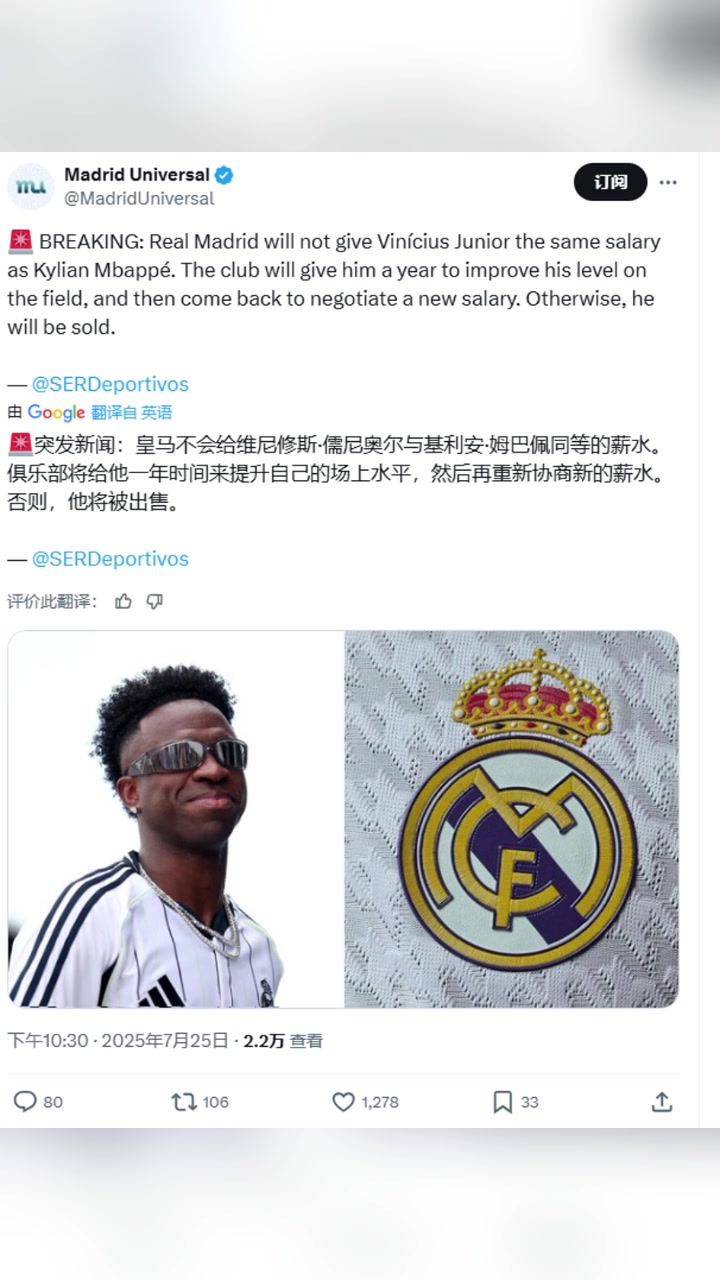 西媒:皇马不会给维尼修斯和姆巴佩相同薪水,除非提升水平不然被卖